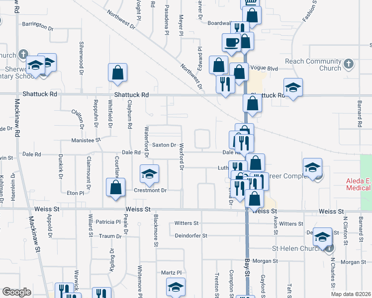 map of restaurants, bars, coffee shops, grocery stores, and more near 3258 Dale Road in Saginaw