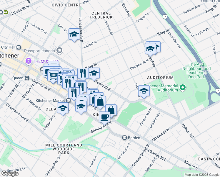 map of restaurants, bars, coffee shops, grocery stores, and more near in Kitchener