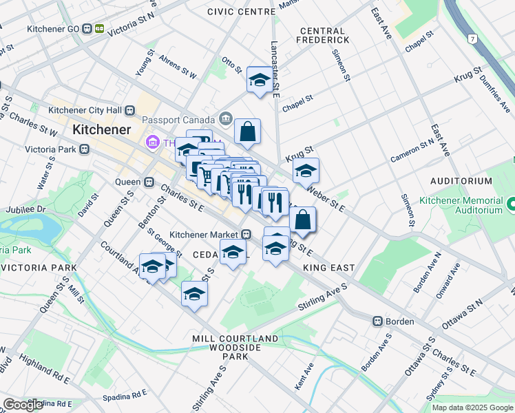 map of restaurants, bars, coffee shops, grocery stores, and more near in Kitchener