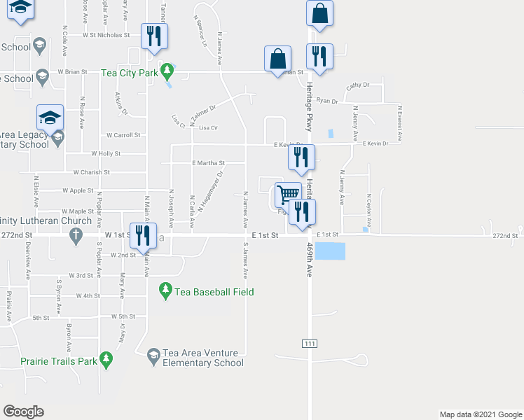 map of restaurants, bars, coffee shops, grocery stores, and more near 535 Figzel Court in Tea