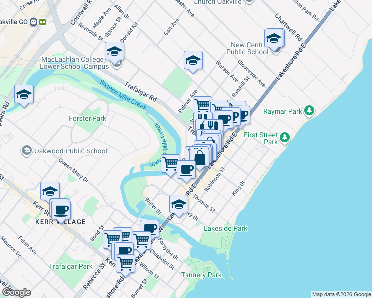 map of restaurants, bars, coffee shops, grocery stores, and more near 158 Dunn Street in Oakville