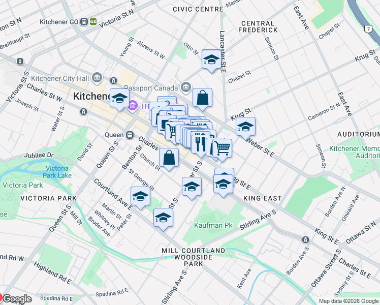 map of restaurants, bars, coffee shops, grocery stores, and more near 9 Eby Street South in Kitchener