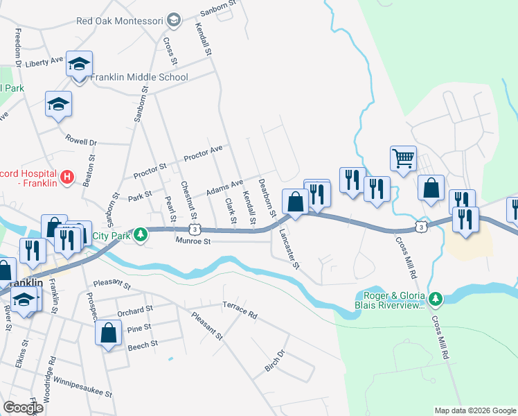 map of restaurants, bars, coffee shops, grocery stores, and more near 53 Kendall Street in Franklin