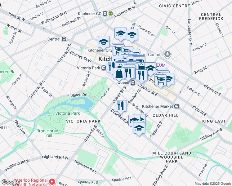 map of restaurants, bars, coffee shops, grocery stores, and more near 214 Queen Street South in Kitchener