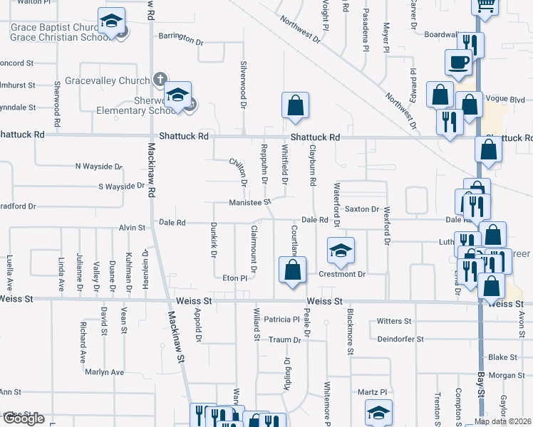 map of restaurants, bars, coffee shops, grocery stores, and more near 3650 Dale Road in Saginaw