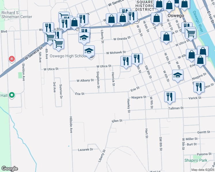 map of restaurants, bars, coffee shops, grocery stores, and more near 44 Herrick Street in Oswego
