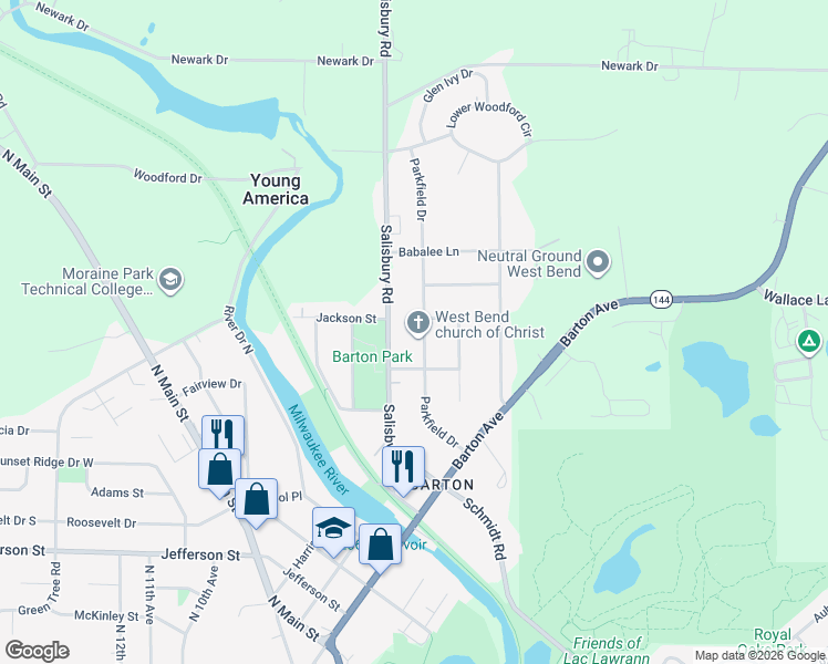 map of restaurants, bars, coffee shops, grocery stores, and more near 2130 Parkfield Drive in West Bend