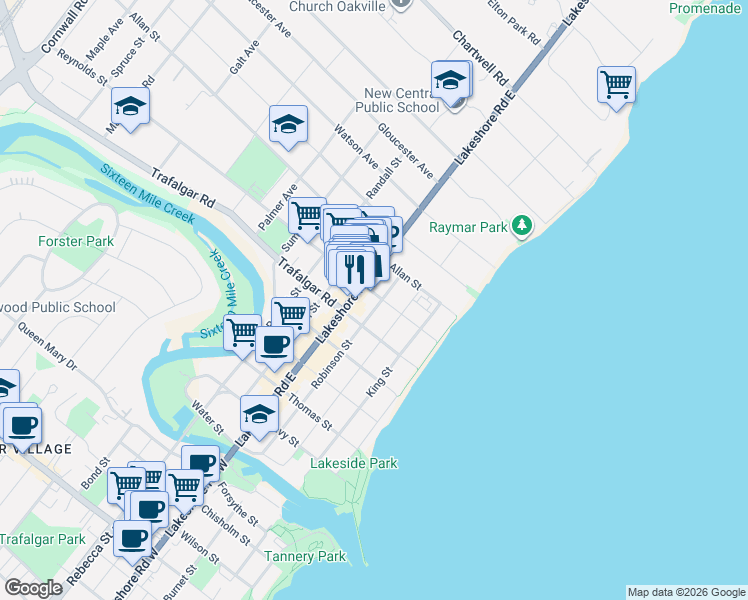 map of restaurants, bars, coffee shops, grocery stores, and more near 84 Reynolds Street in Oakville