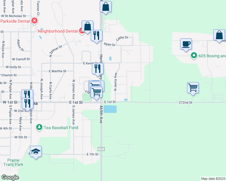 map of restaurants, bars, coffee shops, grocery stores, and more near 205 North Jenny Avenue in Tea