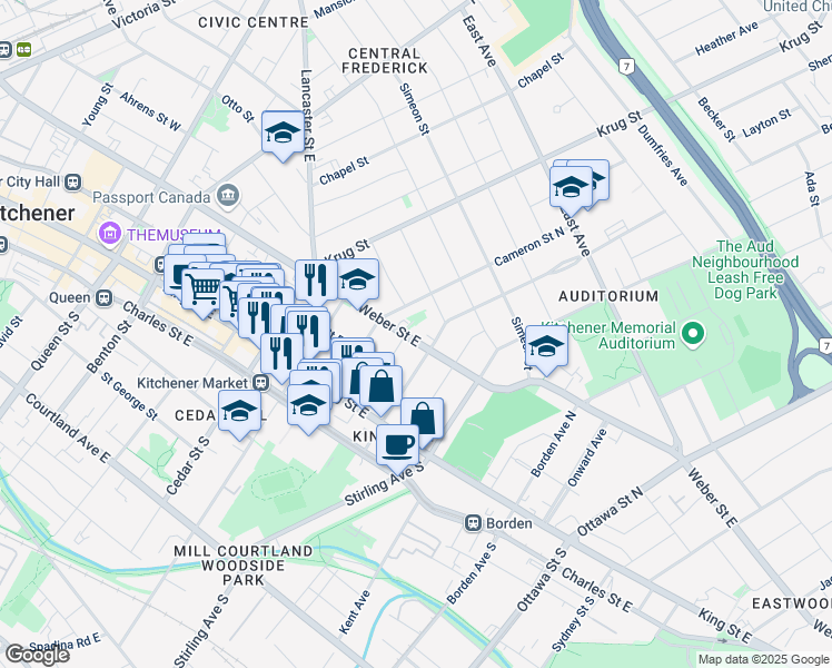 map of restaurants, bars, coffee shops, grocery stores, and more near in Kitchener