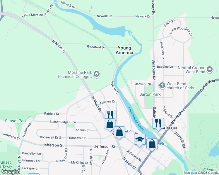 map of restaurants, bars, coffee shops, grocery stores, and more near 2375 Green Tree Road in West Bend