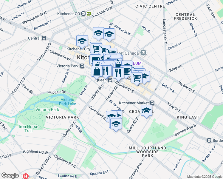 map of restaurants, bars, coffee shops, grocery stores, and more near 64 Benton Street in Kitchener