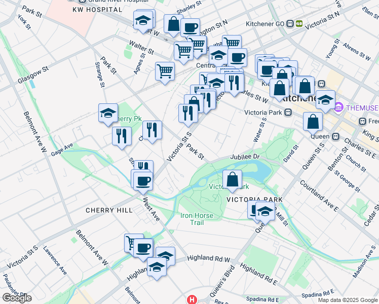 map of restaurants, bars, coffee shops, grocery stores, and more near 49 Park Street in Kitchener