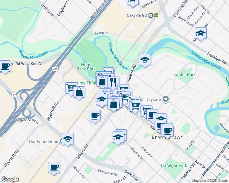 map of restaurants, bars, coffee shops, grocery stores, and more near 65 Speers Road in Oakville