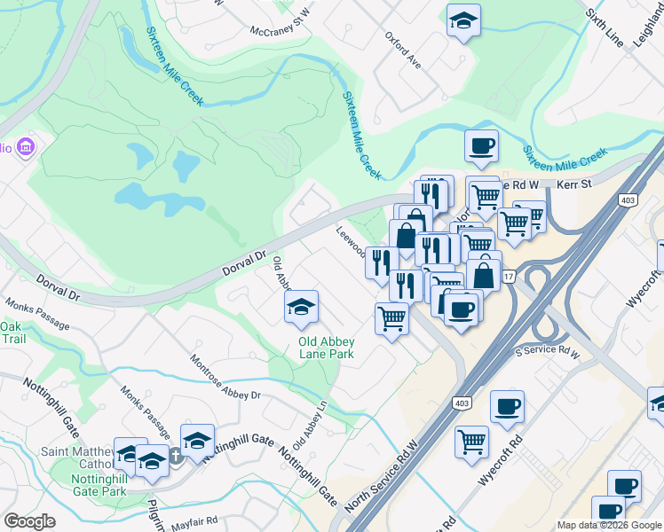 map of restaurants, bars, coffee shops, grocery stores, and more near 326 Northwood Drive in Oakville