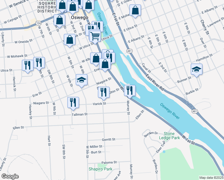 map of restaurants, bars, coffee shops, grocery stores, and more near 15 Ohio Street in Oswego