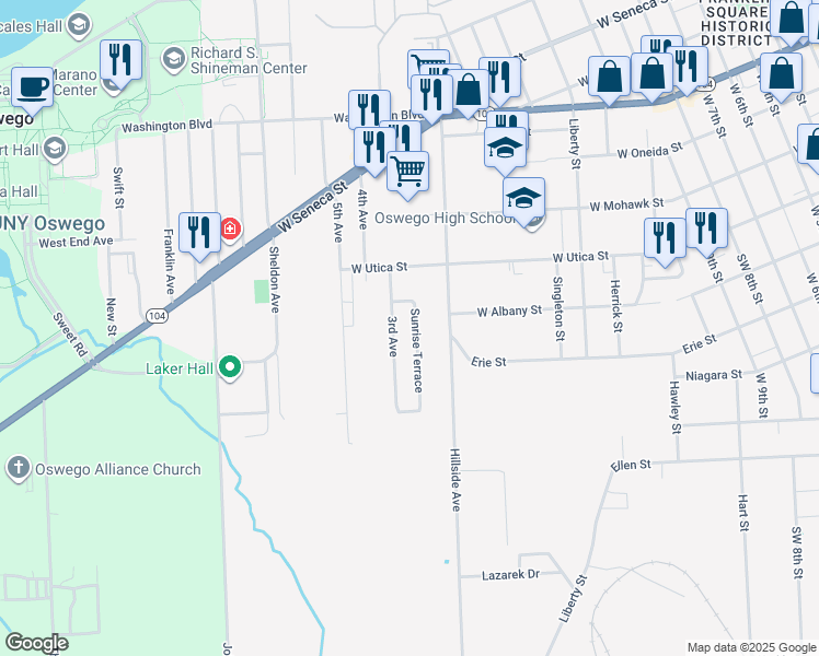 map of restaurants, bars, coffee shops, grocery stores, and more near 7 Sunrise Terrace in Oswego