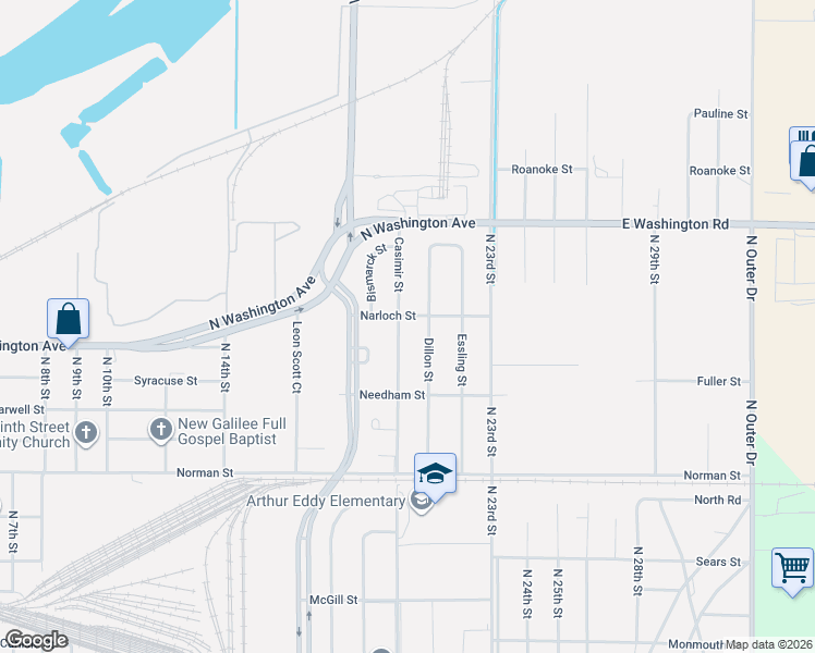 map of restaurants, bars, coffee shops, grocery stores, and more near 1418 Casimir Street in Saginaw