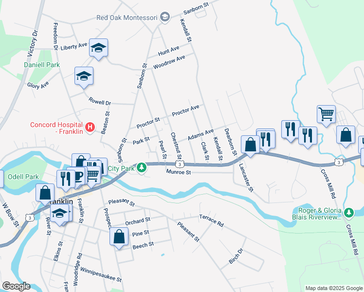 map of restaurants, bars, coffee shops, grocery stores, and more near 32 Chestnut Street in Franklin