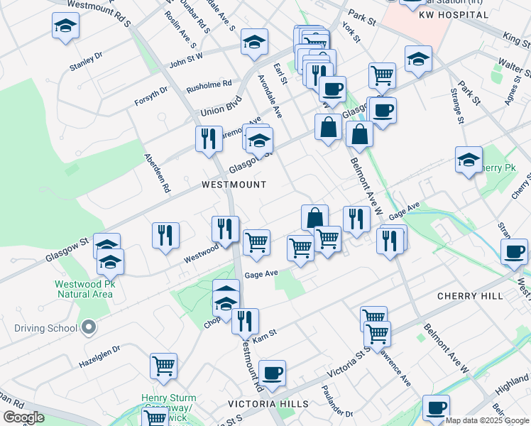 map of restaurants, bars, coffee shops, grocery stores, and more near 70 Katherine Crescent in Kitchener