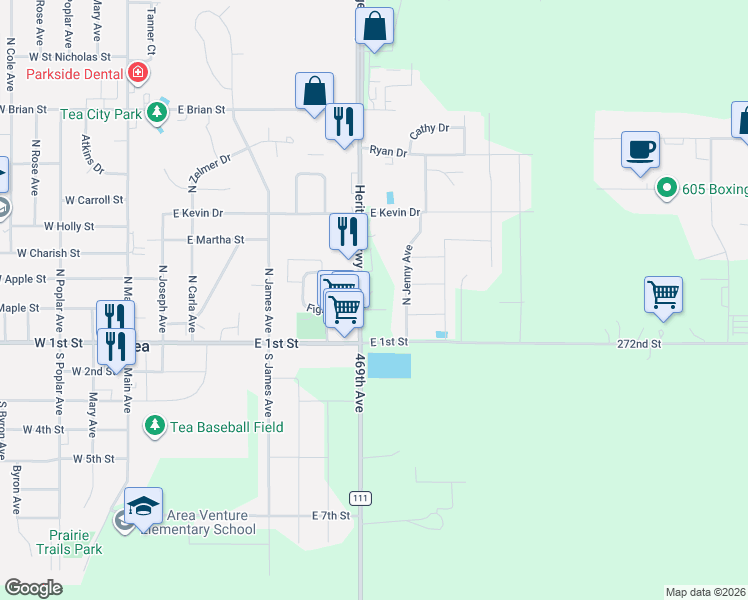 map of restaurants, bars, coffee shops, grocery stores, and more near 205 Jenny Avenue in Tea