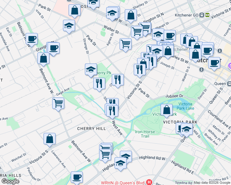 map of restaurants, bars, coffee shops, grocery stores, and more near 2 Herlan Avenue in Kitchener