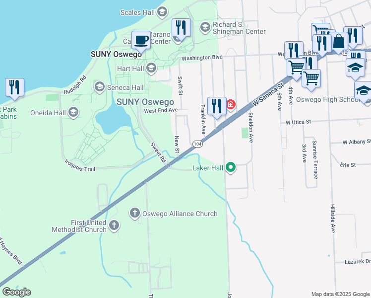 map of restaurants, bars, coffee shops, grocery stores, and more near 7044 New York 104 in Oswego