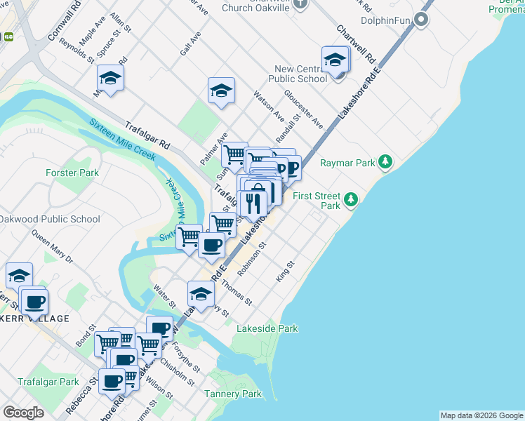 map of restaurants, bars, coffee shops, grocery stores, and more near 297 Lakeshore Road East in Oakville