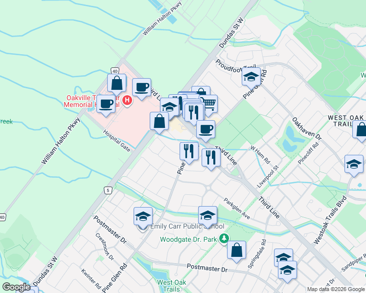 map of restaurants, bars, coffee shops, grocery stores, and more near 2238 Stone Glen Crescent in Oakville