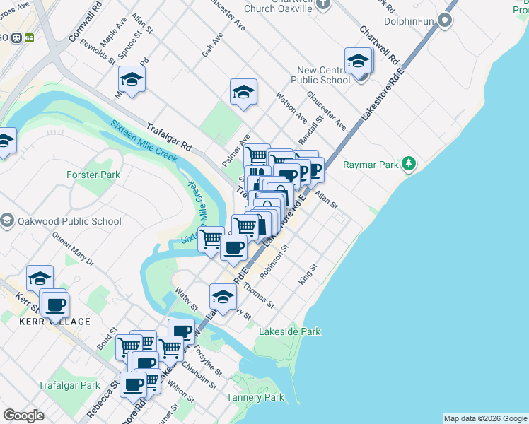 map of restaurants, bars, coffee shops, grocery stores, and more near 126 Trafalgar Road in Oakville