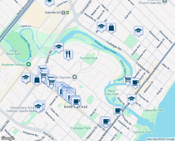 map of restaurants, bars, coffee shops, grocery stores, and more near in Oakville
