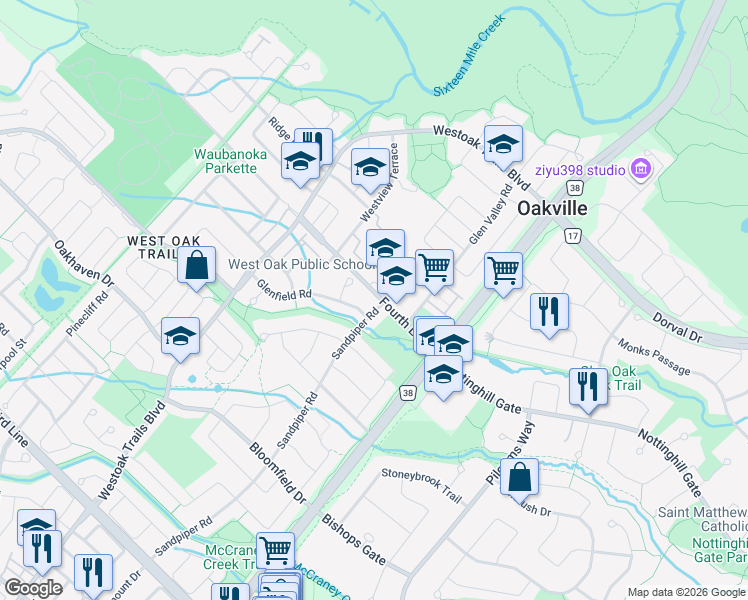 map of restaurants, bars, coffee shops, grocery stores, and more near 1209 Sandpiper Road in Oakville