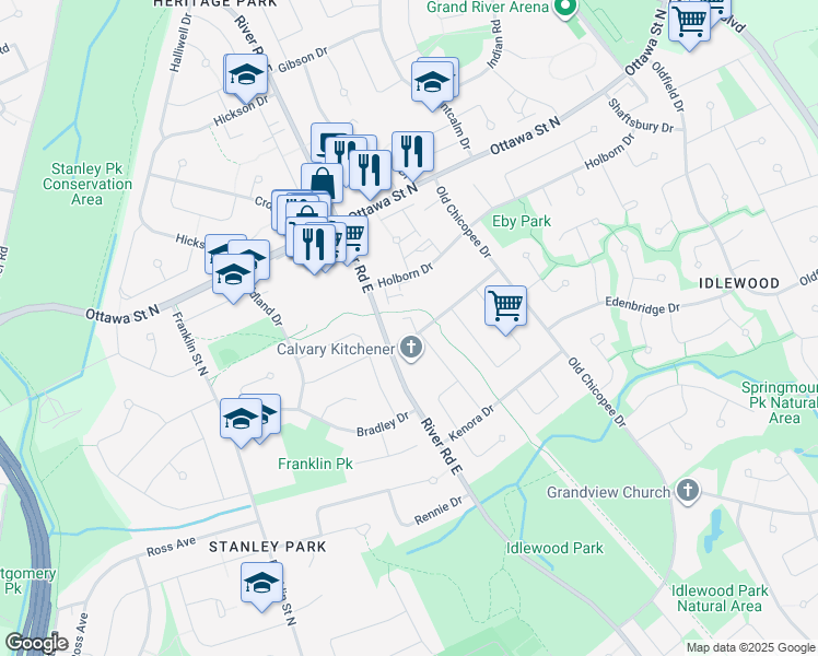 map of restaurants, bars, coffee shops, grocery stores, and more near 10 River Road East in Kitchener