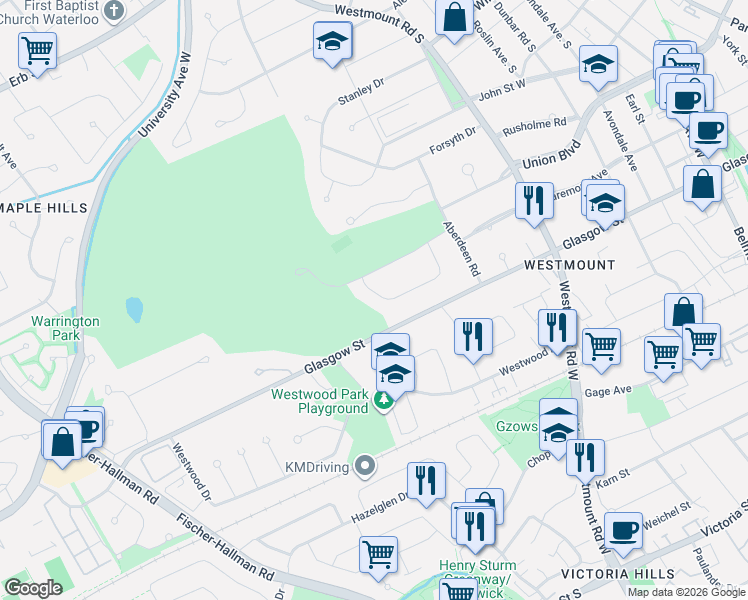 map of restaurants, bars, coffee shops, grocery stores, and more near 61 Huntley Crescent in Kitchener