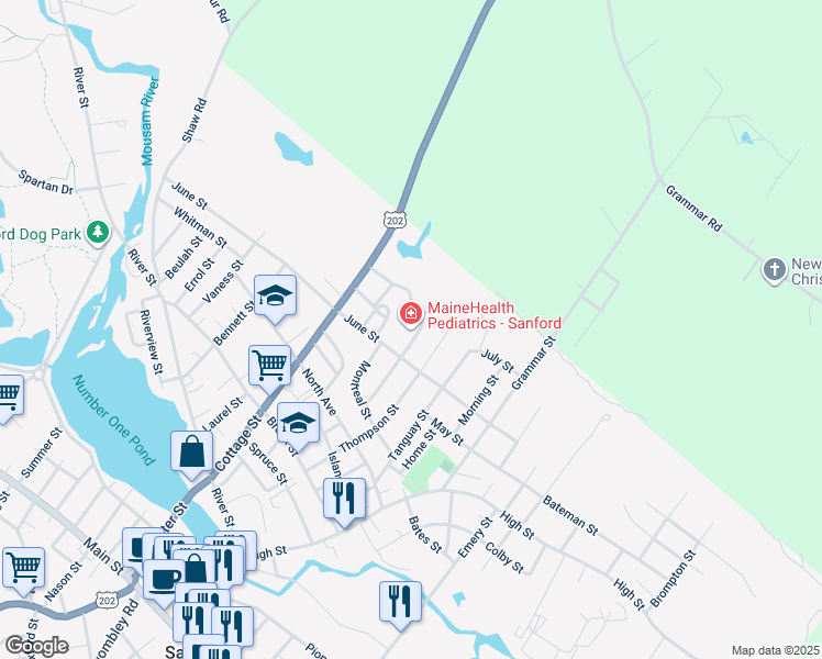 map of restaurants, bars, coffee shops, grocery stores, and more near 25A June Street in Sanford