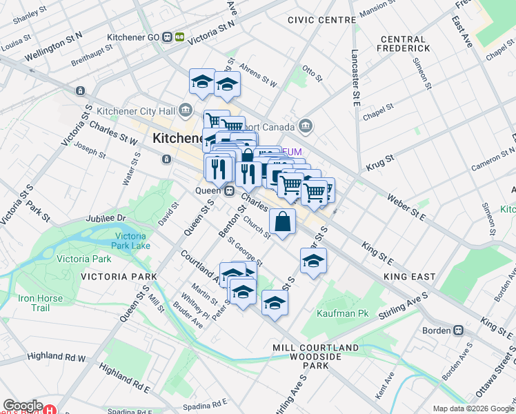 map of restaurants, bars, coffee shops, grocery stores, and more near 15 Waterloo Regional Road 64 in Kitchener