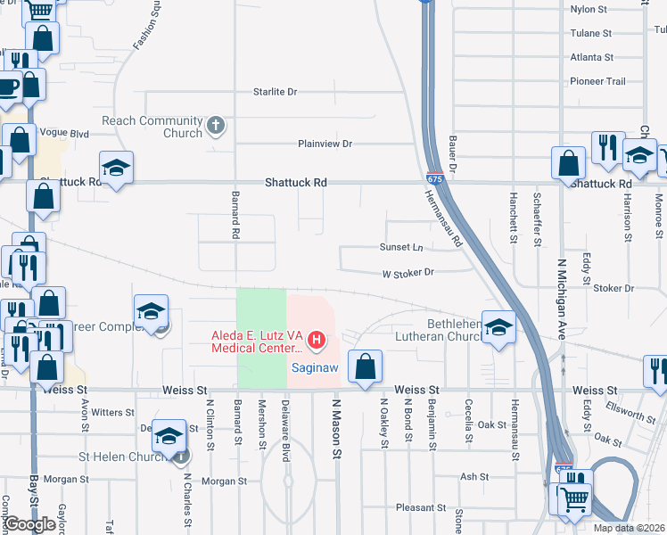 map of restaurants, bars, coffee shops, grocery stores, and more near 2900 Porlas Place in Saginaw