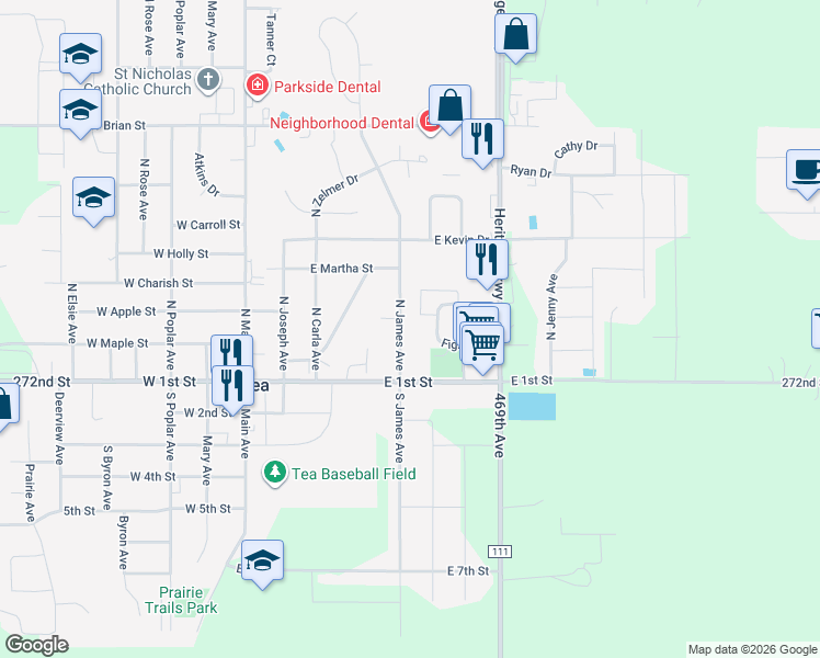 map of restaurants, bars, coffee shops, grocery stores, and more near 535 Figzel Court in Tea