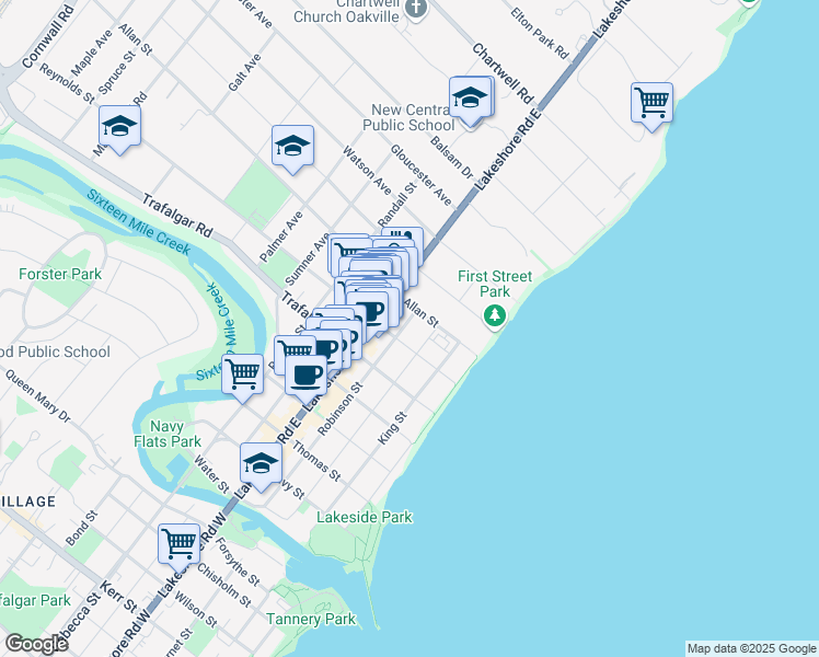 map of restaurants, bars, coffee shops, grocery stores, and more near 336 Robinson Street in Oakville