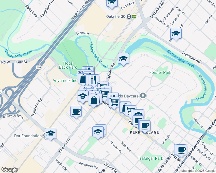 map of restaurants, bars, coffee shops, grocery stores, and more near in Oakville