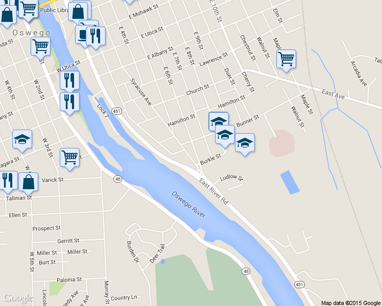 map of restaurants, bars, coffee shops, grocery stores, and more near 263 Syracuse Avenue in Oswego