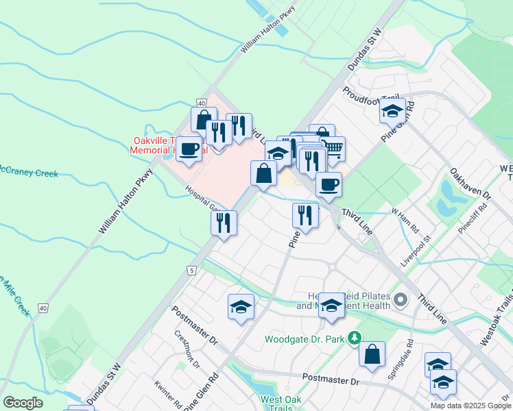 map of restaurants, bars, coffee shops, grocery stores, and more near 2410 Woodstock Trail in Oakville