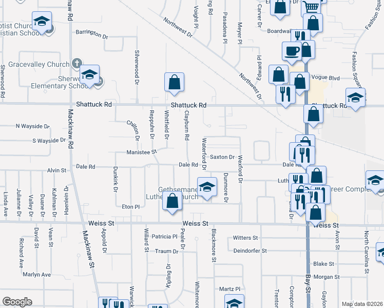 map of restaurants, bars, coffee shops, grocery stores, and more near 3480 Dale Road in Saginaw
