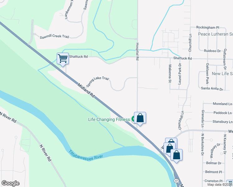 map of restaurants, bars, coffee shops, grocery stores, and more near 7165 Spring Lake Trail in Saginaw