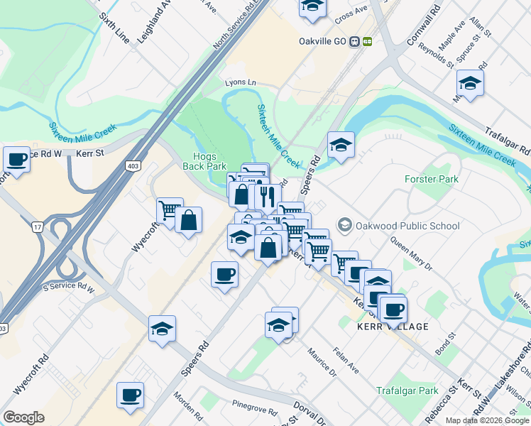 map of restaurants, bars, coffee shops, grocery stores, and more near 70 Shepherd Road in Oakville