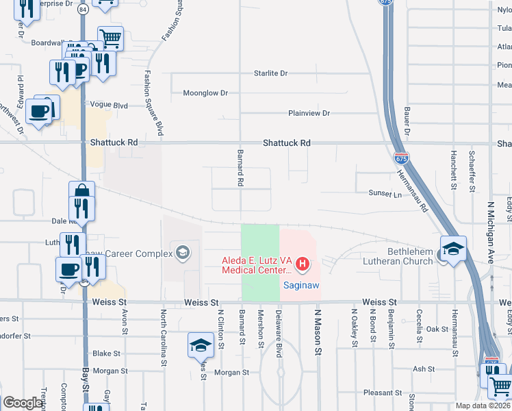 map of restaurants, bars, coffee shops, grocery stores, and more near 2413 Yellowstone Street in Saginaw