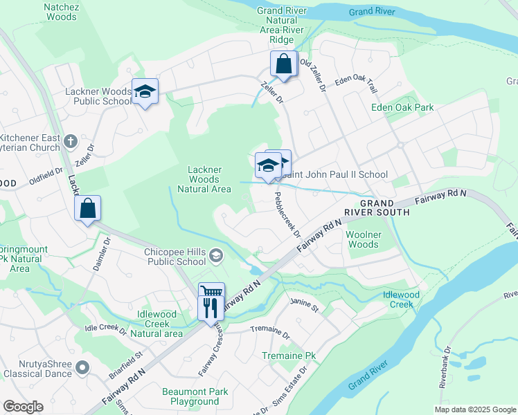 map of restaurants, bars, coffee shops, grocery stores, and more near 22 Country Clair Street in Kitchener