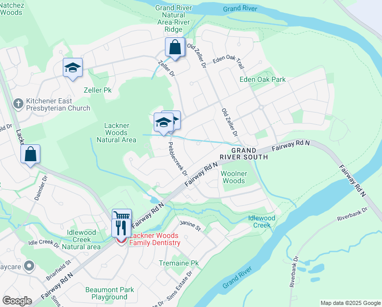 map of restaurants, bars, coffee shops, grocery stores, and more near 327 Colton Circle in Kitchener