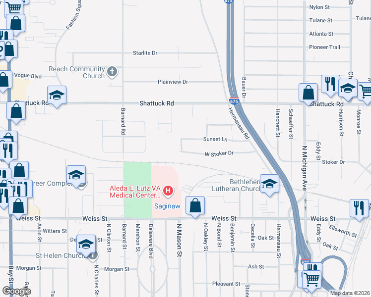 map of restaurants, bars, coffee shops, grocery stores, and more near 2900 Porlas Place in Saginaw