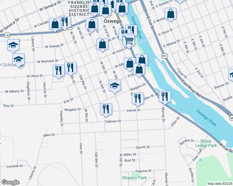 map of restaurants, bars, coffee shops, grocery stores, and more near 281 West 5th Street in Oswego